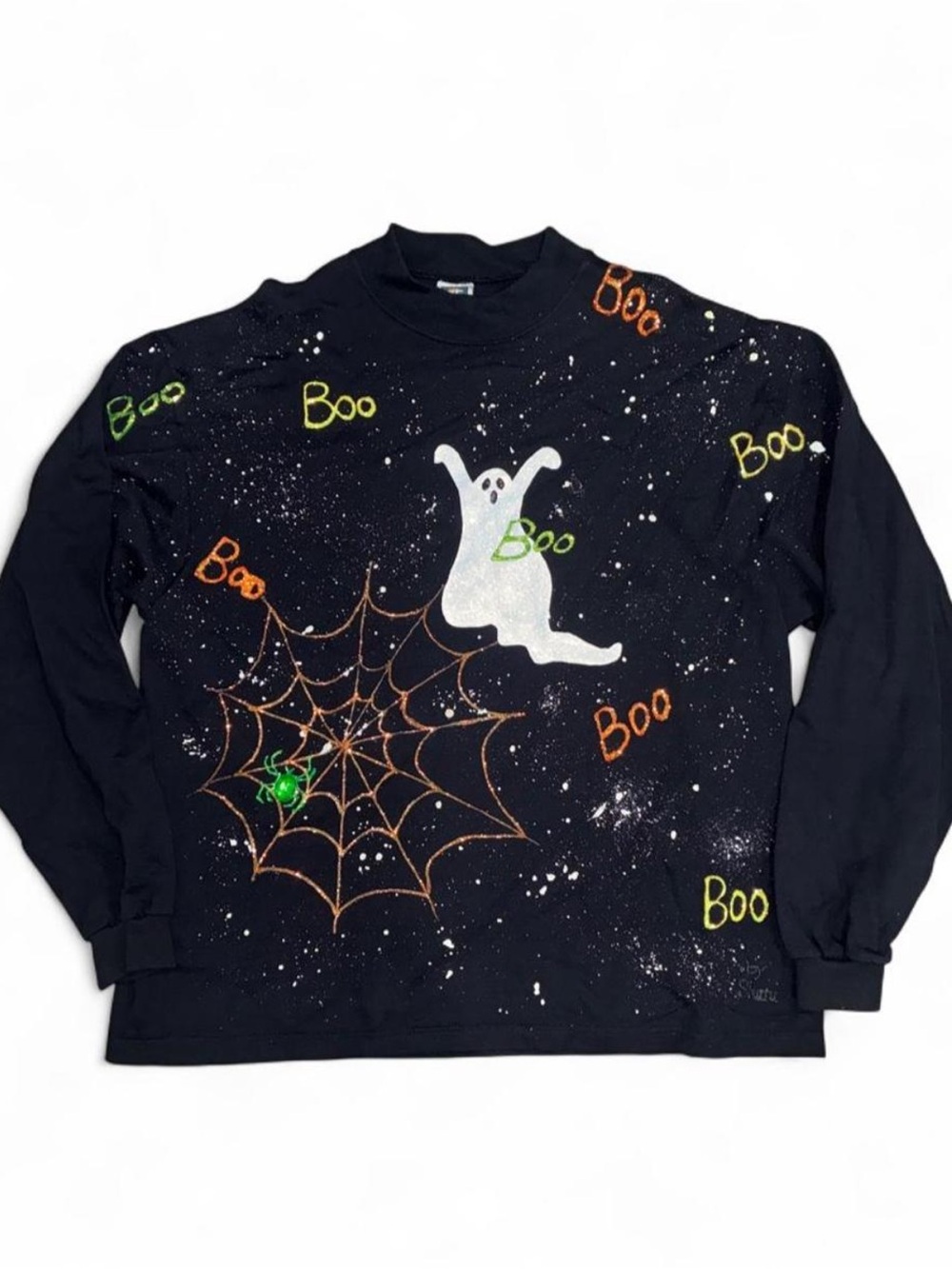 Black Halloween Ghost & Spiderweb Long Sleeve Tee